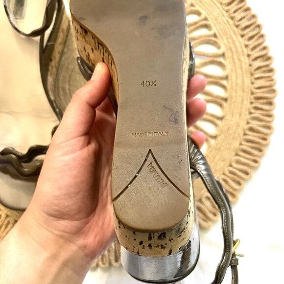 Prada Brown Patent Leather Scalloped Open Toe Wedge Sandals Size EU 40.5 - Picture 3 of 12